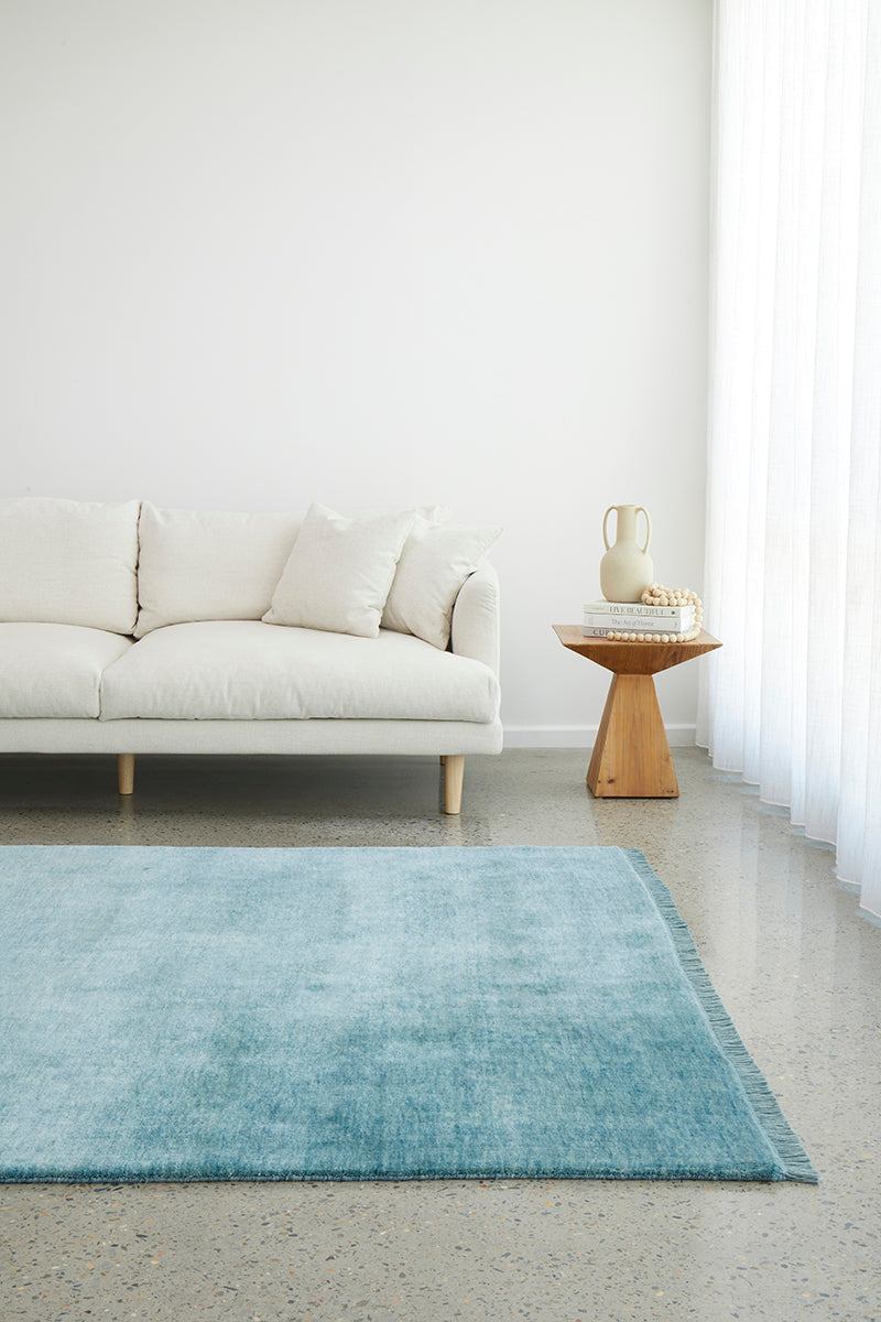 Hand-Loomed Sky Blue Tassel Wool Rug