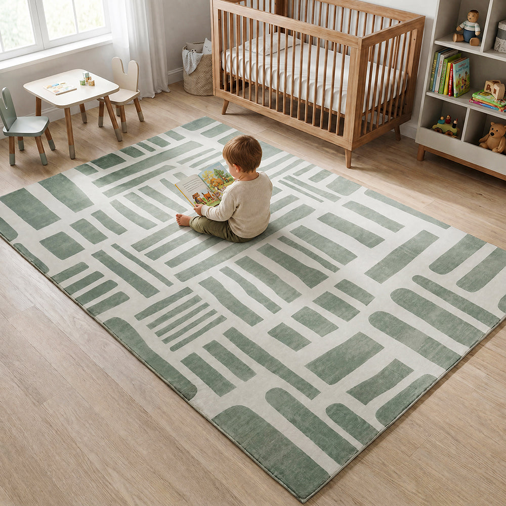 Sage Green Abstract Block Memory Foam Rug
