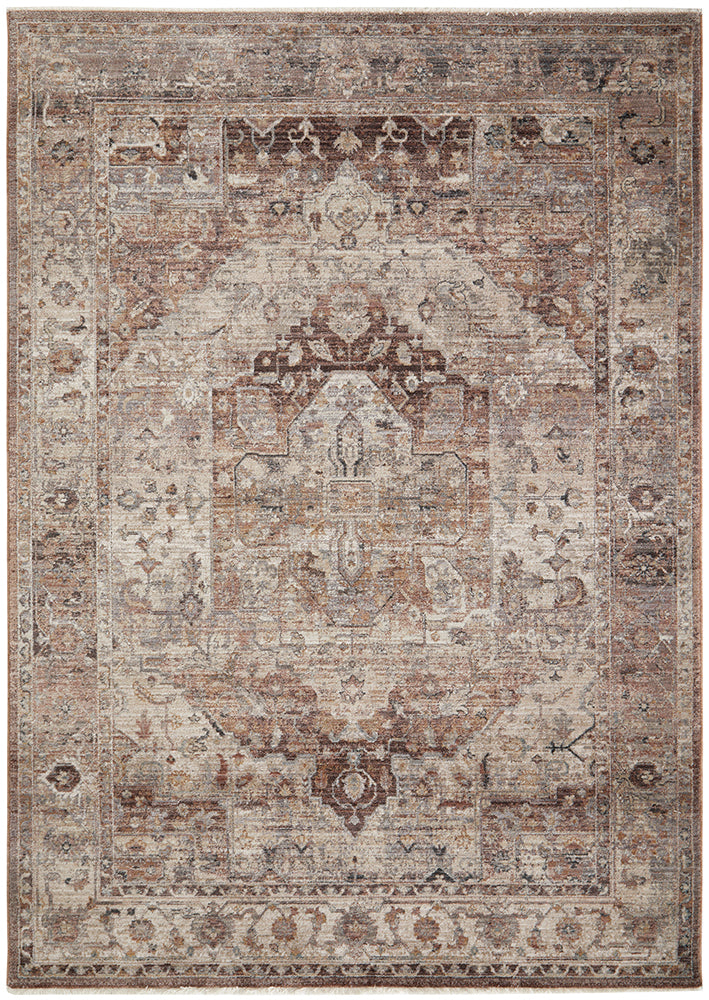 Decorative rug with intricate patterns in beige, brown, and gray on a plain background