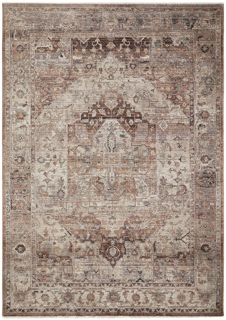 Decorative rug with intricate patterns in beige, brown, and gray on a plain background