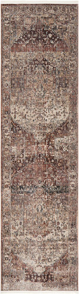 Long rectangular rug with a vintage pattern in earthy tones on a plain background