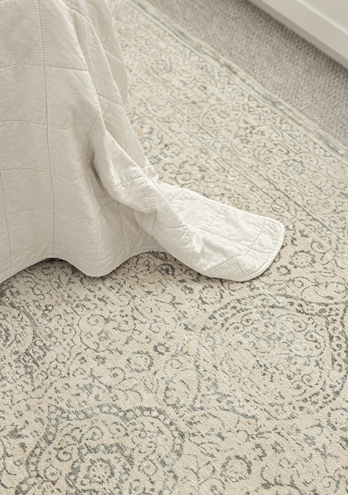 Emma Blomfield Veil Blue Rug – Ivory Lace Motif