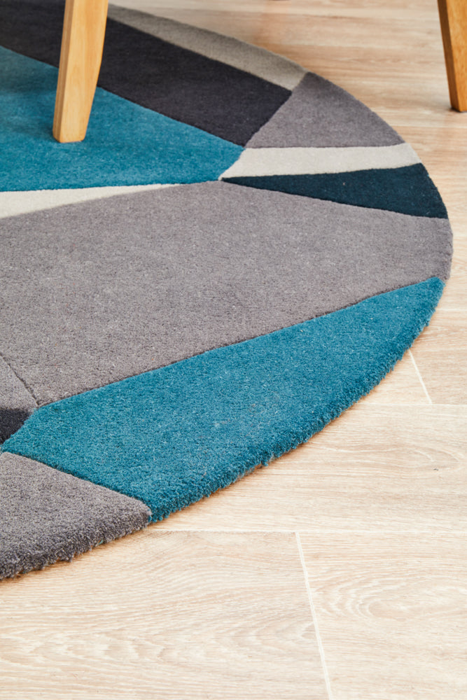 Laura Designer Wool Round Rug Blue Yellow Grey