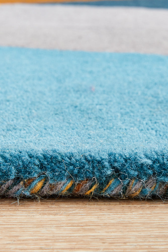 Laura Designer Wool Rug Blue Yellow Grey