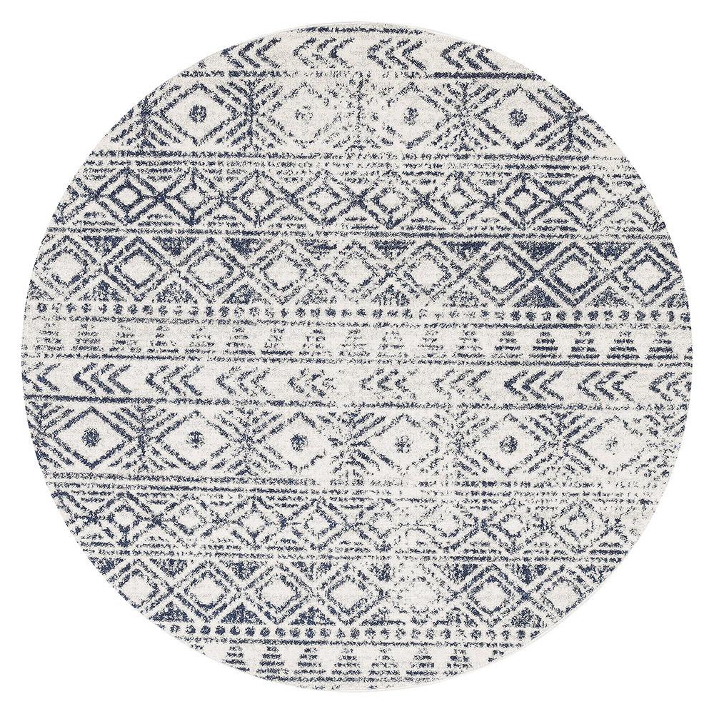 Paradise White Blue Rustic Round Transitional Rug