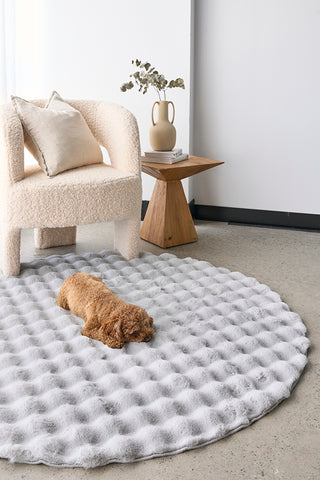 Faux Fur Ribbed Round Silver Washable Rug
