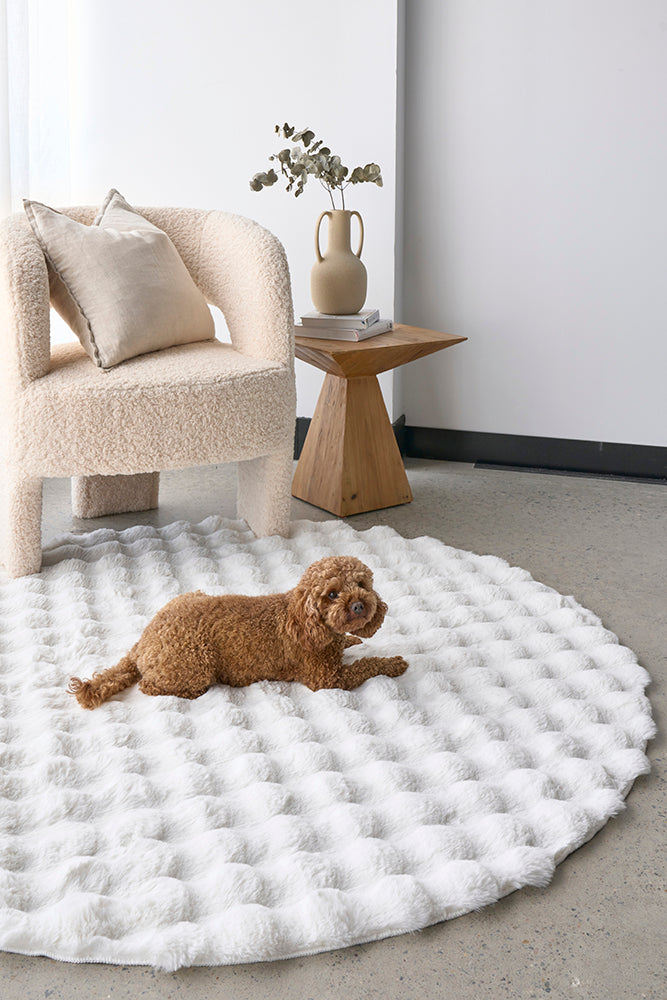 Faux Fur Ribbed Round White Washable Rug