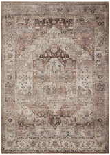 Decorative rug with intricate patterns in beige, brown, and gray on a plain background