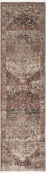 Long rectangular rug with a vintage pattern in earthy tones on a plain background