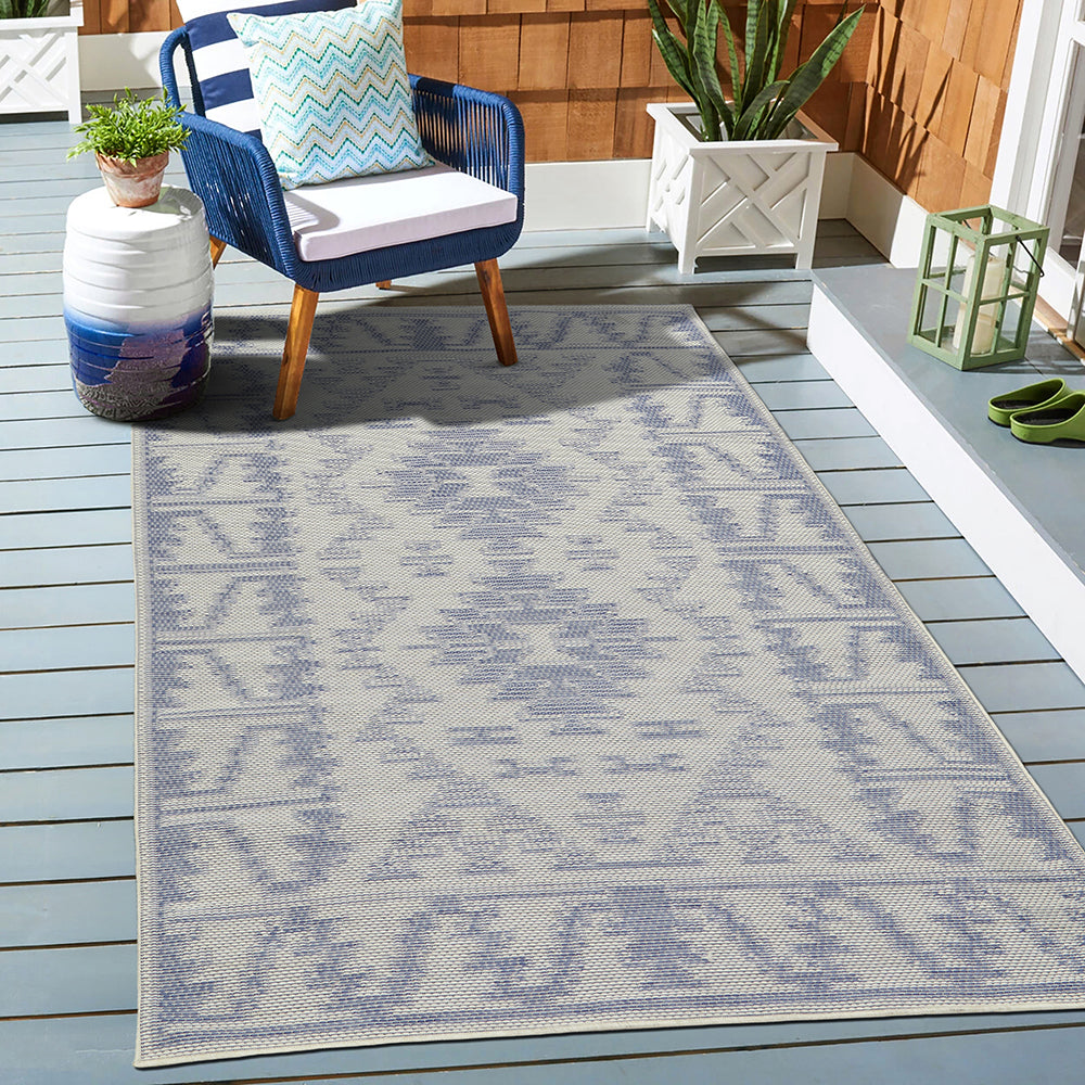Aztec Cream Blue Indoor Outdoor Washable Rug