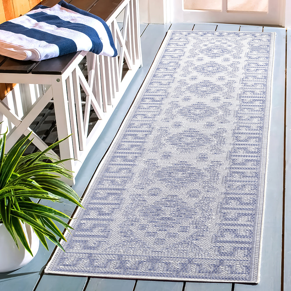 Aztec Cream Blue Indoor Outdoor Washable Rug