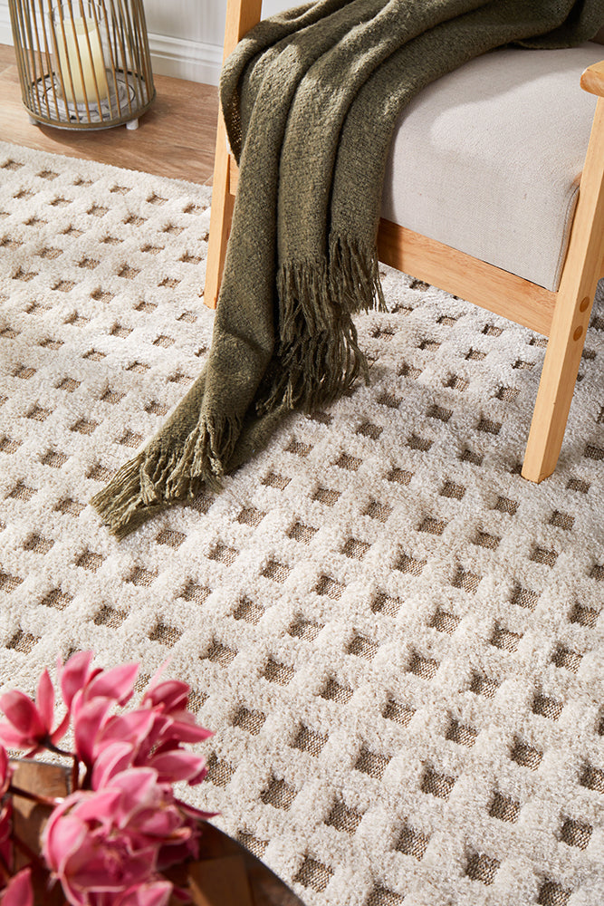 Cream Beige Textured Checkered Rug