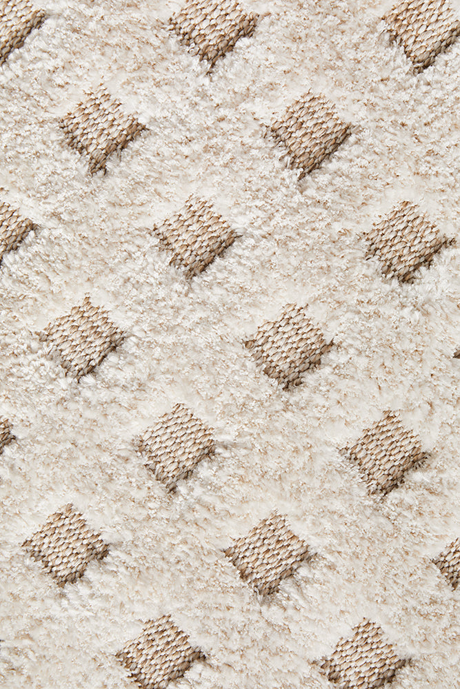 Cream Beige Textured Checkered Rug