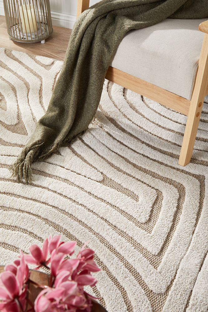 Cream Beige Abstract Swirl Textured Rug