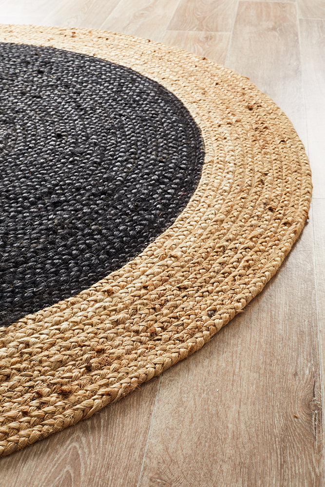 Round Jute Natural Rug Black