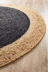 Round Jute Natural Rug Black