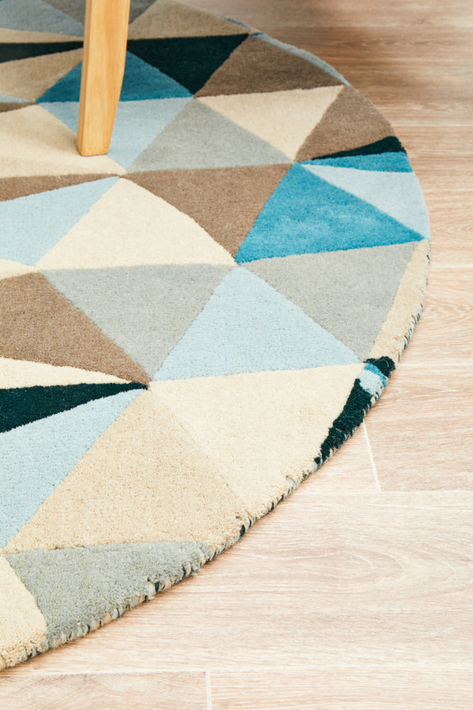 Gem Stone Designer Wool Round Rug Blue