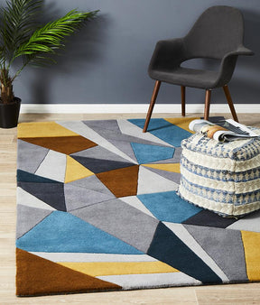 Laura Designer Wool Rug Blue Yellow Grey - Lost Design Society