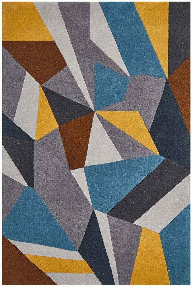 Laura Designer Wool Rug Blue Yellow Grey