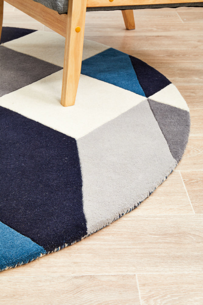 Digital Designer Wool Round Rug Blue Grey White