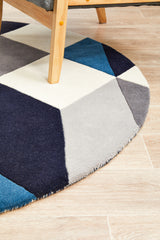 Digital Designer Wool Round Rug Blue Grey White