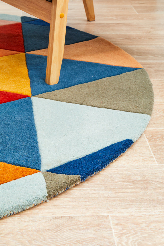 Prism Designer Wool Round Rug Rust Blue Navy