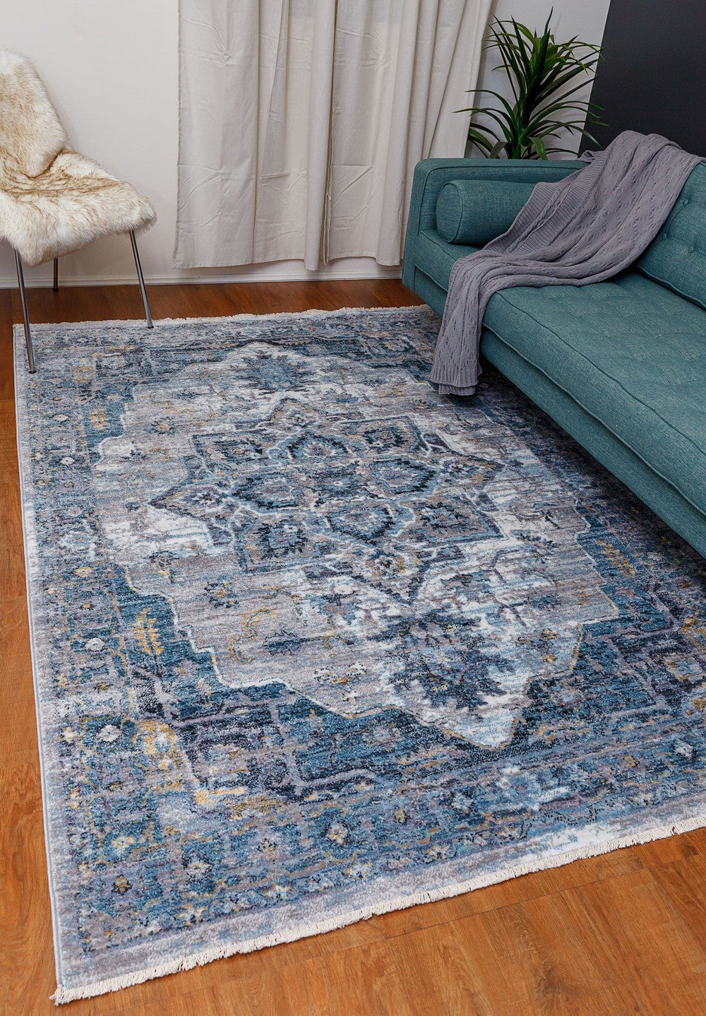 Belek Silver Central Medallion Transitional Tassel Rug