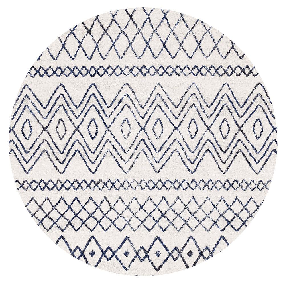 Paradise White Blue Rustic Tribal Round Transitional Rug