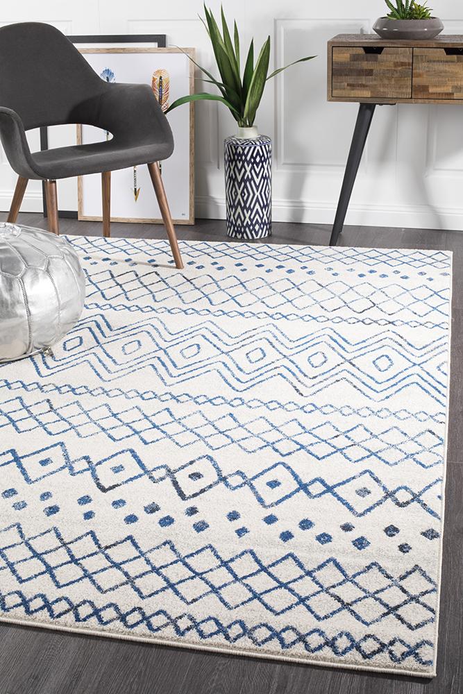 Paradise White Blue Rustic Tribal Transitional Rug