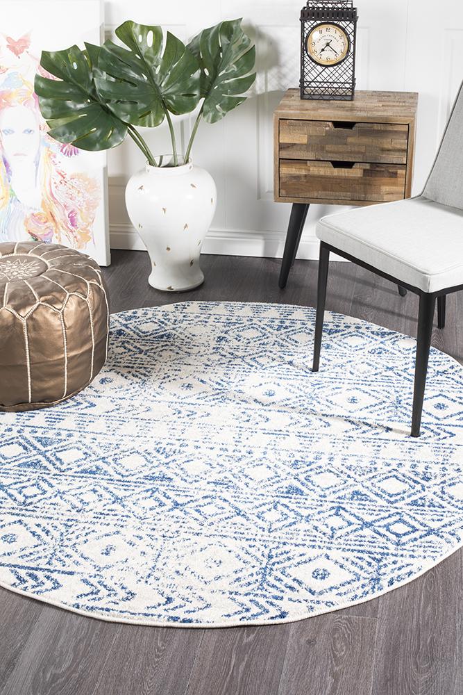 Paradise White Blue Rustic Round Transitional Rug – Lost Design Society ...