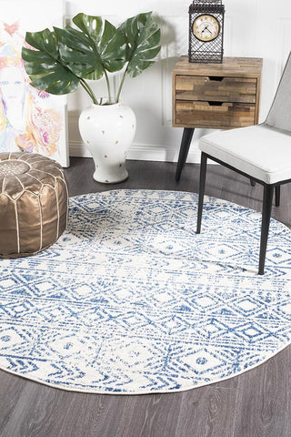 Paradise White Blue Rustic Round Transitional Rug