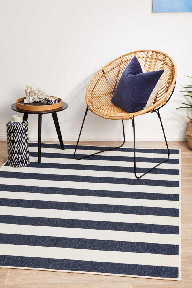 Oceana Striped White and Blue Outdoor Rug