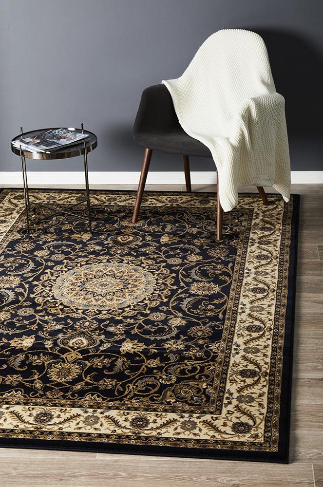 Medallion Rug Navy with Ivory Border